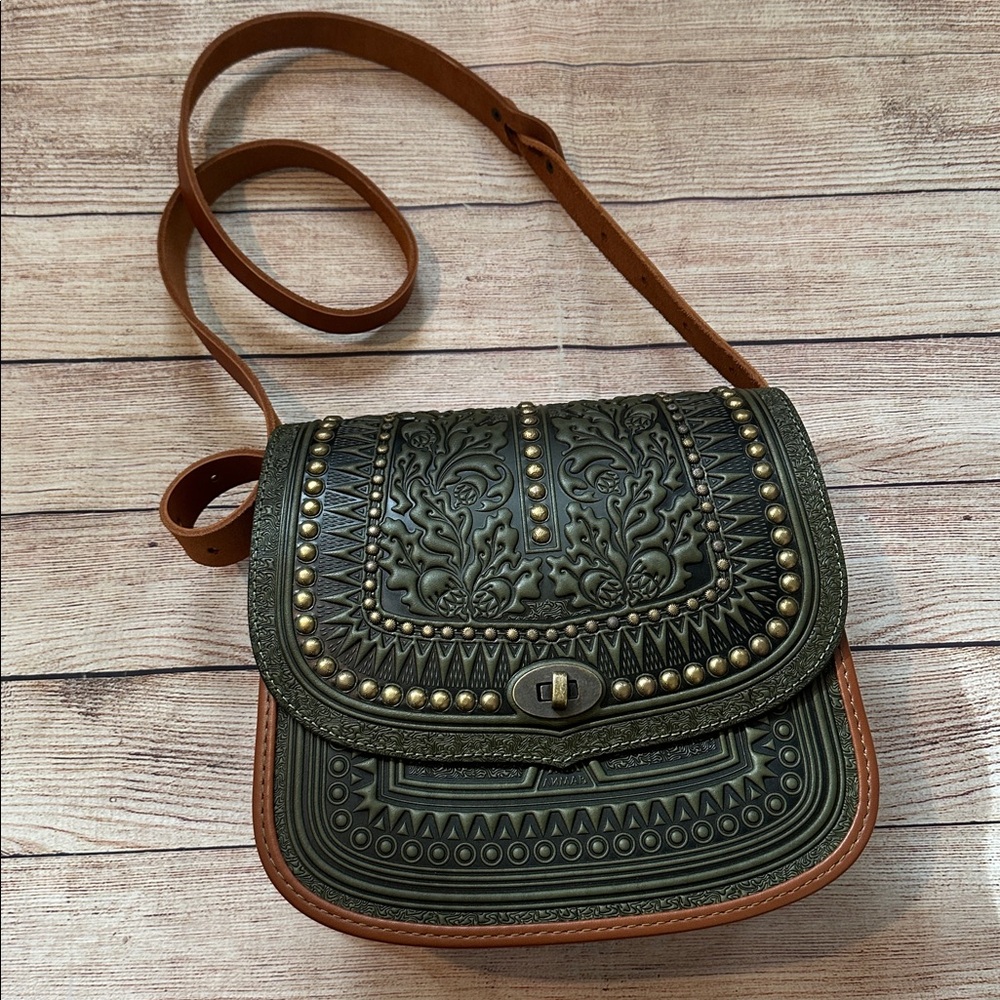 Handmade Olive Leather Crossbody Bag Tooled Oak Leaf Design Green and Brown